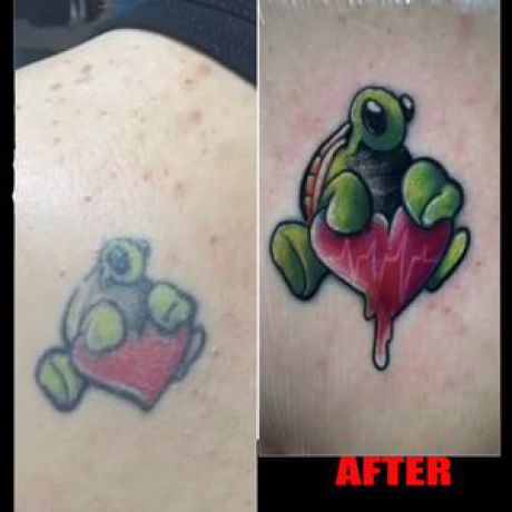 Fixer tattoo of old frog tattoo to revival before and after